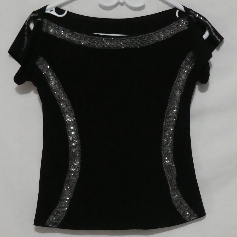 Black Off-Shoulder Top with Silver Detailing | small | Open Shoulders